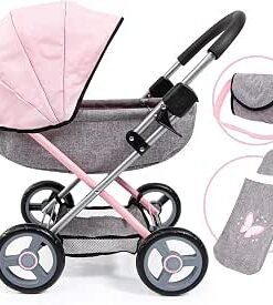 Bayer Cosy Baby Doll Pram and Matching Baby Doll Accessories, 46cm Dolls | Foldable Pushchair with Storage Basket, Changing Bag, Large Wheels, Dolls Pram for 3 Year Olds, Girls & Boys