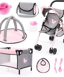 Bayer Pink Dolls Stroller Set, Baby Doll Accessories Pram Set, 10 Pieces | Kids Pushchair for Dolls 46 cm, Cot, Play Mat, Feeding Accessories, Changing Bag, Basket, Toy Buggy for Girls, Toddler
